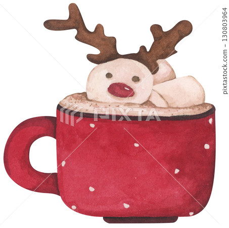 Watercolor paining of Christmas Coffee cup, Cocoa Mug, Hot Chocolate Cup with Marshmallow, Cozy Winter Drink, Festive Holiday Beverage, Cute Cafe Illustration. Watercolor paining of Christmas Coffee cup, Cocoa Mug, Hot Chocolate Cup with Marshmallow, Cozy Winter Drink, Festive Holiday Beverage, Cute Cafe Illustration. 130803964