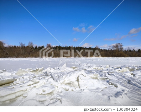 A clear winter day, a blue sky. Trees and canes on frozen lake coast. Winter landscape, ice on river A clear winter day, a blue sky. Trees and canes on frozen lake coast. Winter landscape, ice on river 130804024