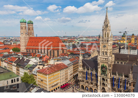 Aerial view of Marienplatz square with New Town Hall and Frauenkirche (Cathedral of Our Lady) in Munich, Germany 130804070