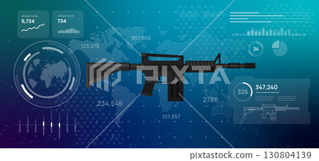 Futuristic digital dashboard displaying global data rifle weapon military statistics icon high-tech illustration visualizing defense systems military strategy security technology concepts Futuristic digital dashboard displaying global data rifle weapon military statistics icon high-tech illustration visualizing defense systems military strategy security technology concepts 130804139