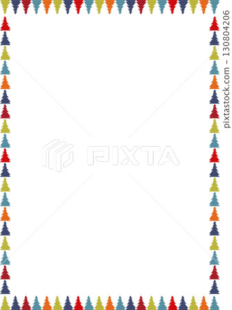 Colorful snowy pine tree frame. Festive greeting template with Christmas tree elements. Bright border 130804206