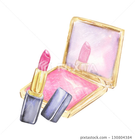 Lipstick with compact and mirror watercolor cosmetic illustration 130804384
