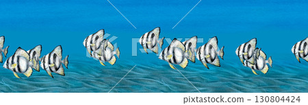 Watercolor tropical black-white striped fish in natural colors on blue background with a sea underwater landscape for marine design, bedding, blanket, wallpaper, packaging, art, poster, diving crafts 130804424