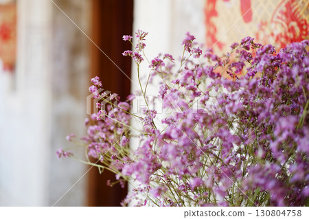 Blooming purple and violet statice flower bouquet. Copy space 130804758