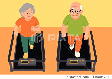 一對老年夫婦在健身房跑步機上鍛鍊的俯視圖 130804785