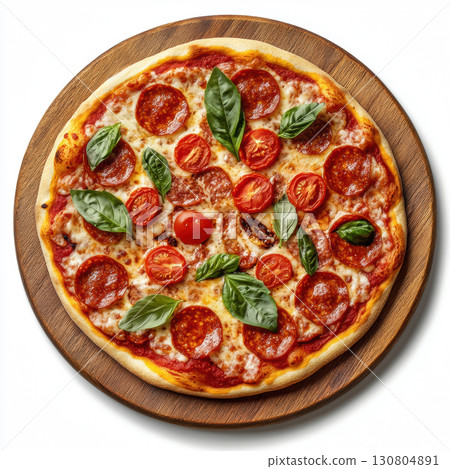 Top view Delicious pepperoni pizza with fresh basil leaves on round wooden plate Isolated on white background Top view Delicious pepperoni pizza with fresh basil leaves on round wooden plate Isolated on white background 130804891