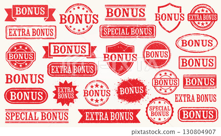 Bonus Retro Grunge Stamp Set Includes Various Vintage Style Red Stamps. Perfect For Advertising, Promotions, Discounts, And Marketing Materials With An Authentic Retro Look. Vector 130804907