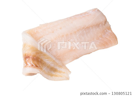 Fresh cod fish fillet, showcasing its delicate texture and pristine color, perfect for grilling or baking. isolated on white background. top view Fresh cod fish fillet, showcasing its delicate texture and pristine color, perfect for grilling or baking. isolated on white background. top view 130805121