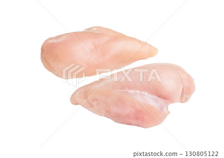 Fresh chicken breasts, beautifully displayed, showcasing their tender texture. Perfect for marinating and cooking your favorite dishes. isolated on white background. top view 130805122