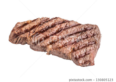 Grilled Denver steak, perfectly seared with beautiful grill marks, showcasing its juicy tenderness and rich flavor. isolated on white background. top view 130805123
