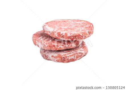 Frozen raw Hamburger beef Patty, uncooked mincemeat. isolated on white background. top view 130805124