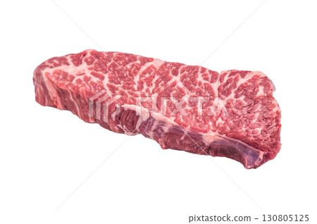 Fresh raw Denver steak, showcasing its marbled texture and rich color, perfect for grilling or pan-searing to create a flavorful meal. isolated on white background. top view 130805125