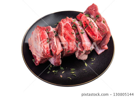 Raw Beef Kalbi Short Ribs, fresh meat with bone on plate with thyme isolated on white background. top view 130805144