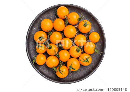 Uncooked small tomatoes. red, green and yellow cherry tomatoes assortment, cocktail mix isolated on white background. top view 130805148