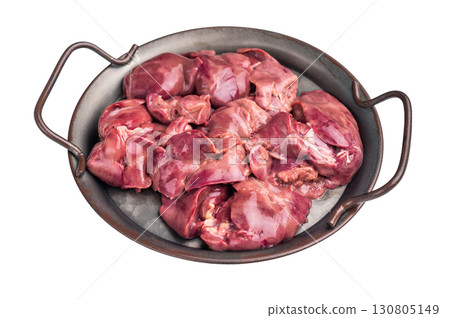 Raw poultry liver, chicken offals beautifully displayed, ready for seasoning. A nutritious ingredient ideal for gourmet dishes and traditional recipes. isolated on white background. top view 130805149