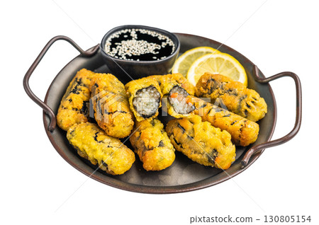 Crispy seaweed noodle rolls Gimmari, Korean deep fried seaweed rolls. isolated on white background. top view Crispy seaweed noodle rolls Gimmari, Korean deep fried seaweed rolls. isolated on white background. top view 130805154