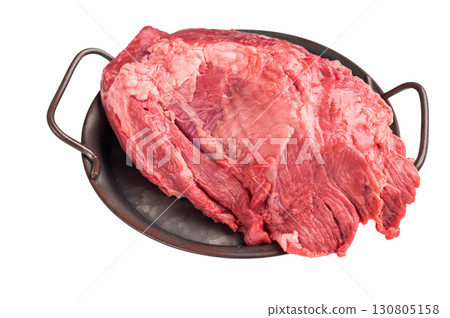 Beautifully arranged raw boneless beef shank pieces on a rustic platter, inviting creativity in the kitchen for delicious slow-cooked meals.. isolated on white background. top view Beautifully arranged raw boneless beef shank pieces on a rustic platter, inviting creativity in the kitchen for delicious slow-cooked meals.. isolated on white background. top view 130805158