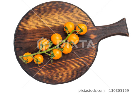 Fresh small yellow cherry tomatoes assortment, mini organic cocktail tomate mix isolated on white background. top view Fresh small yellow cherry tomatoes assortment, mini organic cocktail tomate mix isolated on white background. top view 130805169