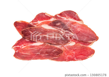 Thin slices of Speck, Jambon Italian cured meat isolated on white background. top view Thin slices of Speck, Jambon Italian cured meat isolated on white background. top view 130805178