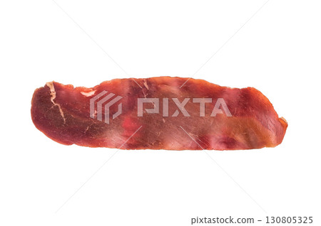 Dried spanish meat slices cecina, spanish tapa isolated on white background. top view Dried spanish meat slices cecina, spanish tapa isolated on white background. top view 130805325