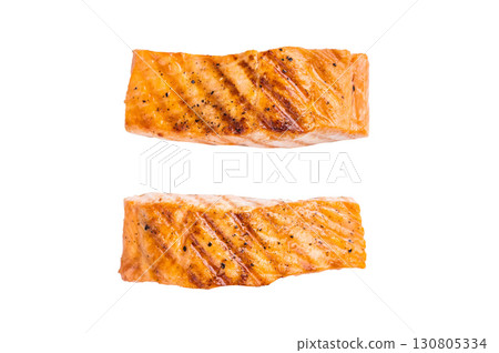BBQ roast salmon fillet steak, roast fish isolated on white background. top view BBQ roast salmon fillet steak, roast fish isolated on white background. top view 130805334