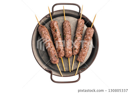 Grilled minced beef and lamb kebabs skewers with fresh spices, arabic kofta kofte kebab isolated on white background. top view 130805337