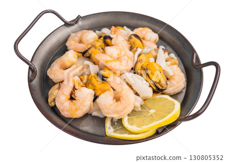 Fresh Seafood Mix with Mussels, Clams, Prawns, Shrimps and squid isolated on white background. top view Fresh Seafood Mix with Mussels, Clams, Prawns, Shrimps and squid isolated on white background. top view 130805352