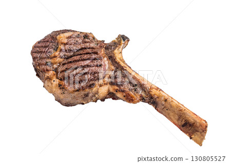 Grilled Tomahawk beef steak, cooked rib eye with bone isolated on white background. top view Grilled Tomahawk beef steak, cooked rib eye with bone isolated on white background. top view 130805527