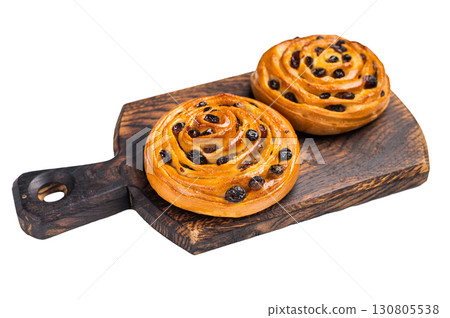 Baked Danish pastry, raisin bun isolated on white background. top view 130805538
