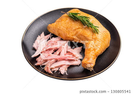 Traditional Smoked chicken leg, poultry meat on plate isolated on white background. top view 130805541