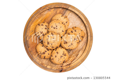 Chocolate chip cookies on wooden board isolated on white background. top view Chocolate chip cookies on wooden board isolated on white background. top view 130805544