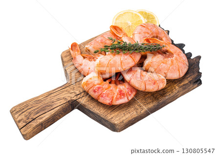 Fresh raw Headless Red Argentine shrimps, Prawns on wooden board isolated on white background. top view Fresh raw Headless Red Argentine shrimps, Prawns on wooden board isolated on white background. top view 130805547