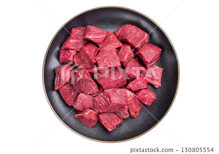 Diced Raw kangaroo meat, wild fresh game meat isolated on white background. top view Diced Raw kangaroo meat, wild fresh game meat isolated on white background. top view 130805554