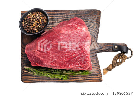 Butcher cutting board with Raw Wild Boar meat, fresh Game Meat Isolated on white background. top view Butcher cutting board with Raw Wild Boar meat, fresh Game Meat Isolated on white background. top view 130805557