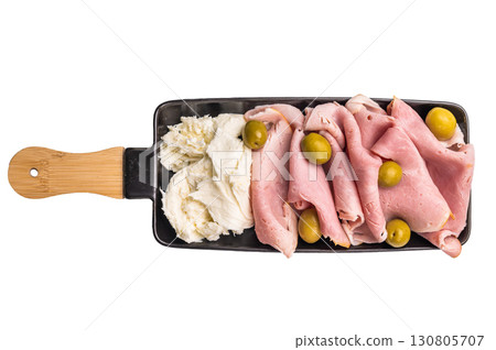 Italian antipasto with Sliced Prosciutto Cotto ham, green olives and mozzarella isolated on white background. top view 130805707