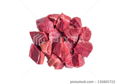 Diced Raw Boar meat, uncooked Game Meat Isolated on white background. top view 130805722