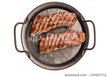 BBQ roast marbled beef Steak, beef meat on tray with herbs isolated on white background 130805732