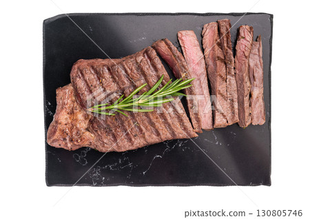Grilled medium beef Rump steak on marble board isolated on white background Grilled medium beef Rump steak on marble board isolated on white background 130805746