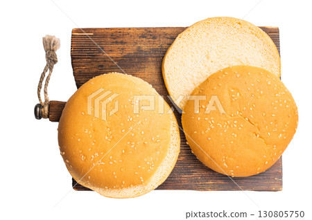 Baked burger buns isolated on white background. top view 130805750