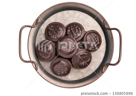 Jaffa Cookies covered with chocolate and filled with jam isolated on white background 130805898