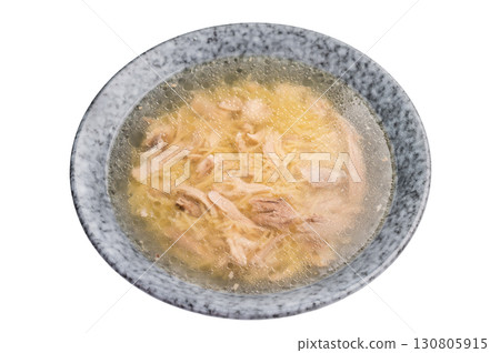 Chicken soup with Vermicelli and meat in a plate isolated on white background 130805915