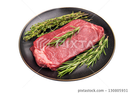 Raw Top sirloin beef steak with herbs isolated on white background. top view 130805931