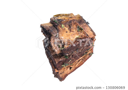 Beef short ribs, perfectly cooked and glazed with a rich barbecue sauce isolated on white background. top view 130806069