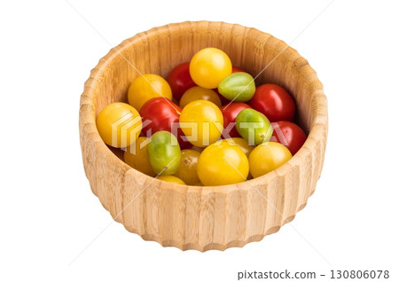 Uncooked small tomatoes. red, green and yellow cherry tomatoes assortment, cocktail mix isolated on white background. top view 130806078