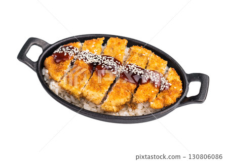 Crunchy Japanese cutlet katsu, seasoned to perfection and served with a side of rice and sauce. isolated on white background. top view 130806086