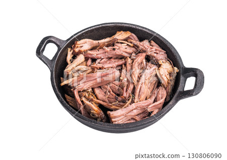 Savory pulled beef brisket served in a skillet, dipping creating an appealing and mouthwatering culinary scene isolated on white background. top view Savory pulled beef brisket served in a skillet, dipping creating an appealing and mouthwatering culinary scene isolated on white background. top view 130806090