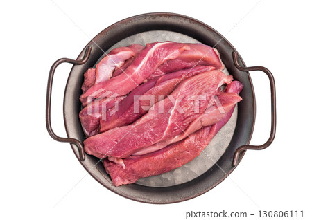 Slices of duck breast fillet, raw fresh poultry meat. isolated on white background. top view 130806111