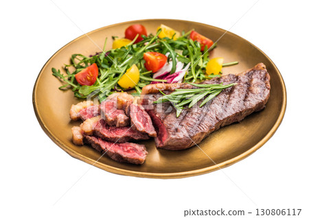 Grill Top Sirloin beef steak, rump steak with salad on a plate. isolated on white background. top view Grill Top Sirloin beef steak, rump steak with salad on a plate. isolated on white background. top view 130806117