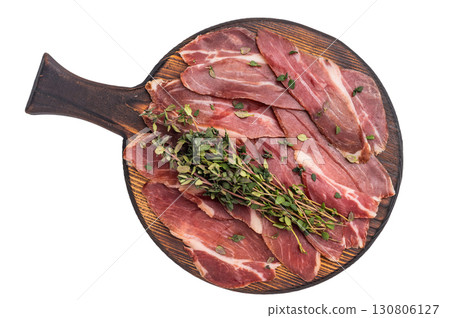 Guanciale dried speck ham, pork cured meat on wooden board isolated on white background. top view Guanciale dried speck ham, pork cured meat on wooden board isolated on white background. top view 130806127