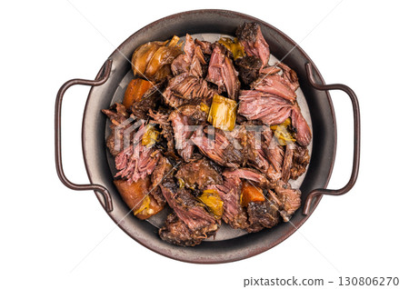 Braised Beef Cheek Stew, traditional Slow cooked meat isolated on white background. top view Braised Beef Cheek Stew, traditional Slow cooked meat isolated on white background. top view 130806270